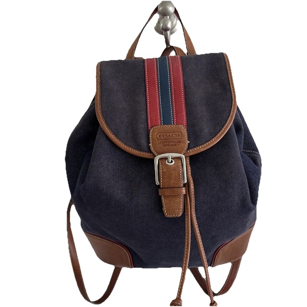 VGUC Vintage Coach Denim Day Chambray Brown Leather Trim backpack 9” X 11”